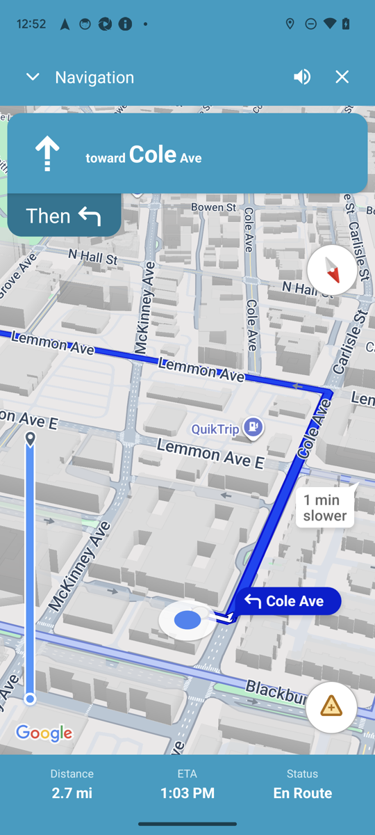 Full-screen in-app navigation with the Distance, ETA and Status bar