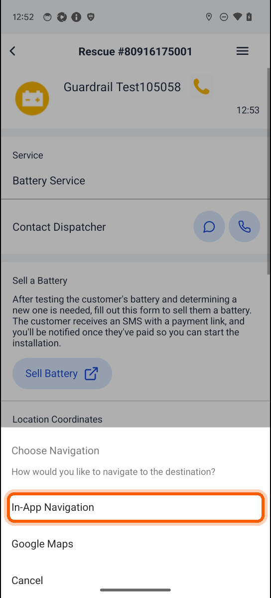 The Choose Navigation menu with the In-App Navigation option highlighted